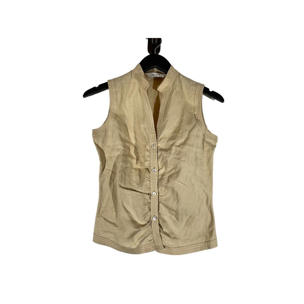 Scapa Women’s Linen Sleeveless Top Blouse 36 Beige Muslin Button Shirt Shell
